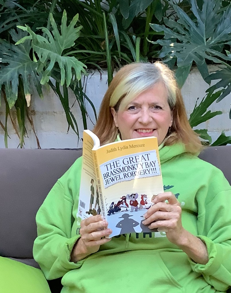Judith Lydia Mercure does Zoom readings of the Great Brassmonkey Bay Jewel Robbery for bookshops and book clubs everywhere 